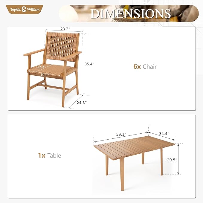Sophia & William 7-Piece Patio Outdoor Dining Table Chair Set, Rattan Furniture Set of 6 Rattan Chairs and 1 Acacia Wood Rectangular Table for Yard, Garden, Porch and Poolside