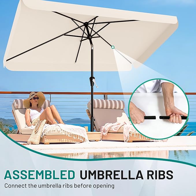 AreShark 6.5 x 10 FT Rectangular Valance Patio Umbrella, Outdoor Umbrella with Tilt and Crank, Market Table Umbrellas W/ 6 Ribs UV Protection for Garden, Deck, Backyard Pool, Cream White