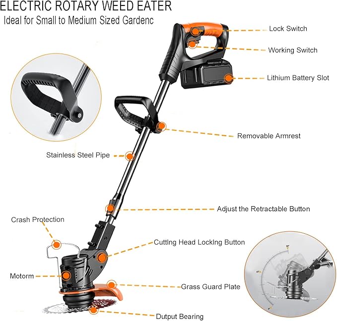 Weed Wacker, Cordless Weed Eater 2×4.0Ah Battery-Powered with 3 Types of Blades, 3-in-1 Stringless Grass Trimmer, Brush Cutter for Lawn Yard Garden (Orange)