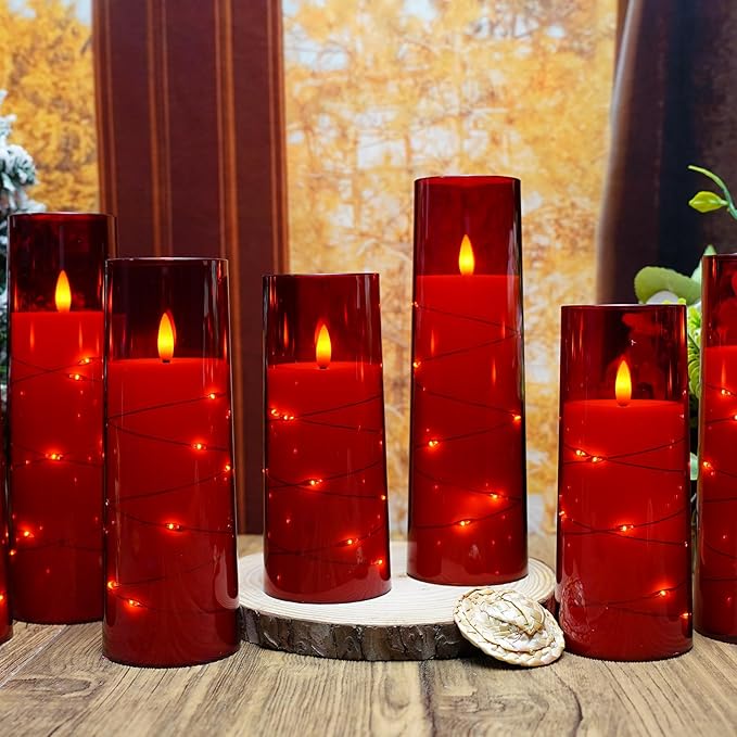 kakoya Flameless LED Candles with Timer 9 Pc Flickering Flameless Candles for Romantic Ambiance and Home Decoration Stable Acrylic Shell,with Embedded Star String,Battery Operated Candles(Red)