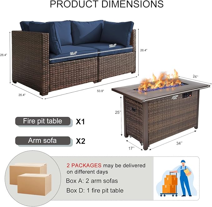 3 Pieces Patio Furniture Set with Fire Pit Table, Outdoor PE Rattan Sectional Sofa with Soft Cushions for Backyard, Porch, and Poolside (Blue, 3 PCS w/Firepit)