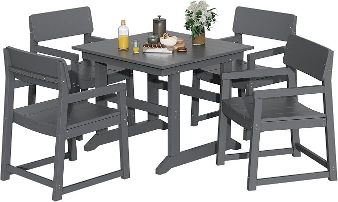 Vongrasig 5 Pieces Patio Dining Set, All Weather Outdoor HDPE Dining Furniture Set with Table and Chairs for 4, Garden Patio Furniture Set for Lawn, Backyard, Poolside, Grey