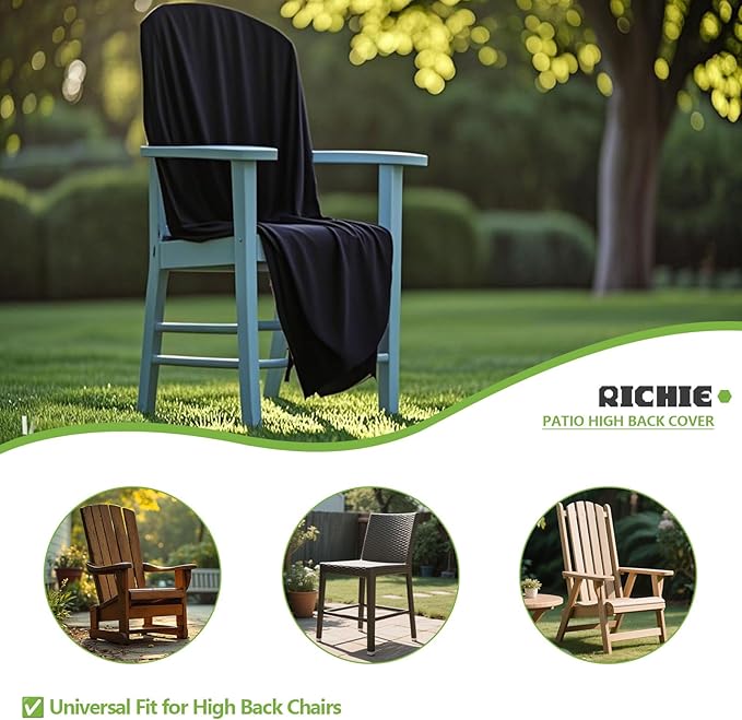 RICHIE High Back Patio Chair Cover - Waterproof Outdoor Chair Covers, All Weather Patio Furniture Covers for Stackable Chairs, 27”W x34”D x34”H (Black)