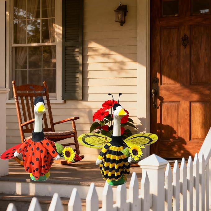Spring Porch Goose Outfit for 20-23 Inch Concrete Goose Clothes, Bee Porch Goose Costume Funny Cement Plastic Goose Statue for Outdoor Garden Yard Patio Art Decor(Bees and Ladybugs are Optional)