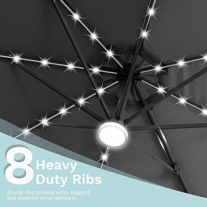 Devoko 10ft Solar LED Patio Umbrella, Round Cantilever Outdoor Umbrella with Solar Lights and 360-Degree Rotation, Large Hanging Offset Market Umbrella with Easy Tilt for Patio Deck Garden,Black