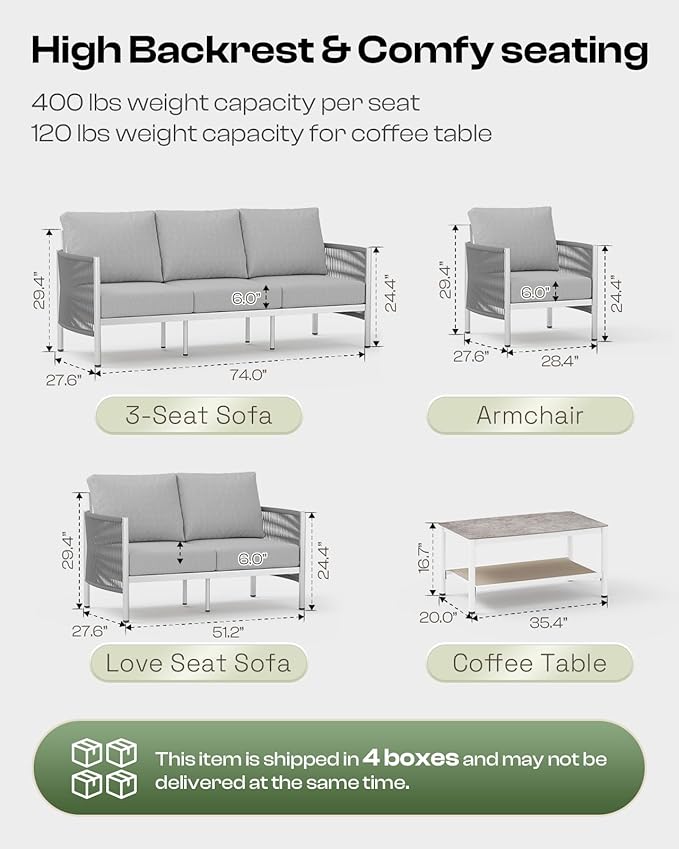 Aluminum Patio Furniture Set, 7 Seats Modern Outdoor Sectional Furniture with PE Rope & Dual-Layer Coffee Table, Luxury Patio Conversation Sets with 6" Cushions for Backyard/Garden, Silver