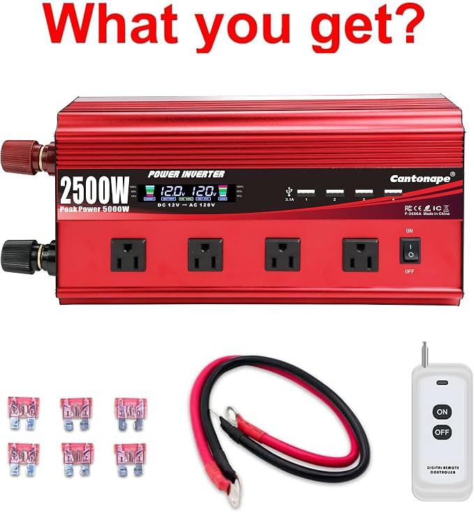 Cantonape 2500W Power Inverter 12V to 110V/120V DC to AC with LCD Display, Remote Controller 4 x AC Outlets and 4 x 3.1A USB Car Adapter for Car Truck Boat RV Solar System