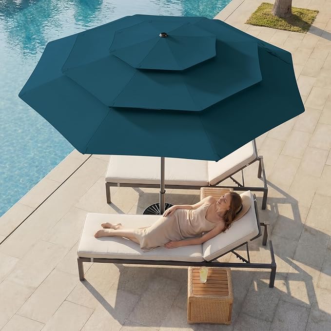 HOMSHADE 9FT 3-Tiers Outdoor Patio Umbrella with 5-Year Fade Resistant,Vented Outdoor Commercial Market Umbrella with UPF50+ UV Protection & Push Button Tilt and Crank for Pool,Backyard(Peacock Blue)