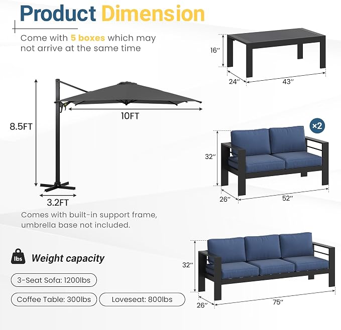 Wisteria Lane 5 Pieces Aluminum Patio Furniture Set with Umbrella, All Weather Oversized Outdoor Furniture Set with Deep Seat and Back Cushion, Patio Conversation Sets with Wide armrest, Blue & Gray