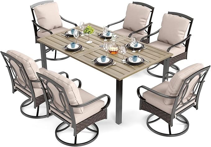 SUNSHINE VALLEY 7 Piece Patio Dining Sets for 6, Outdoor Table and Chairs with Cushioned Wicker Swivel Patio Chairs & Wood-Like Dining Table (1.61-2”Umbrella Hole), Outdoor Dining Sets for Backyard