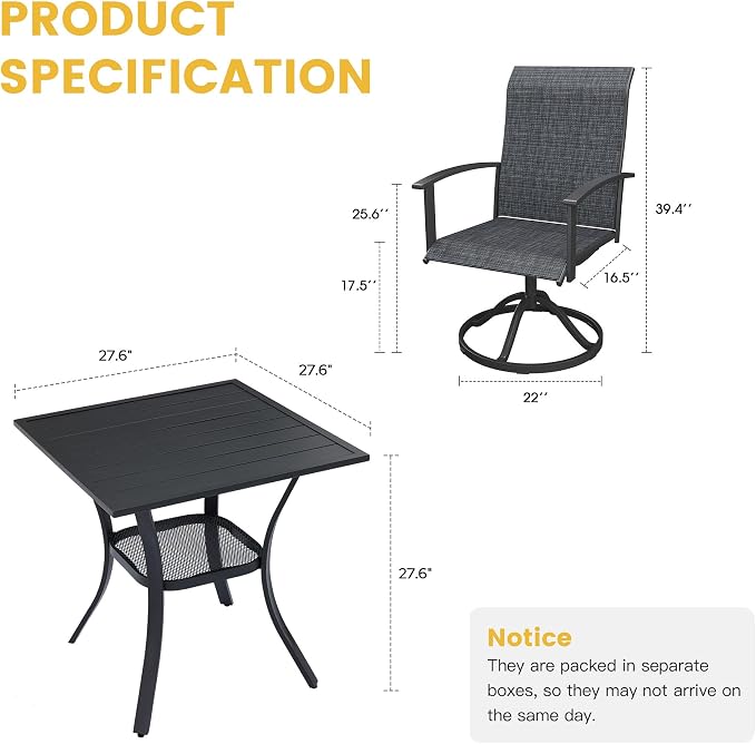VICLLAX 3 Pieces Small Patio Dining Set-28 Small Outdoor Table and Swivel Patio Chairs Set for Deck, Lawn and Garden, Black Table and Chairs