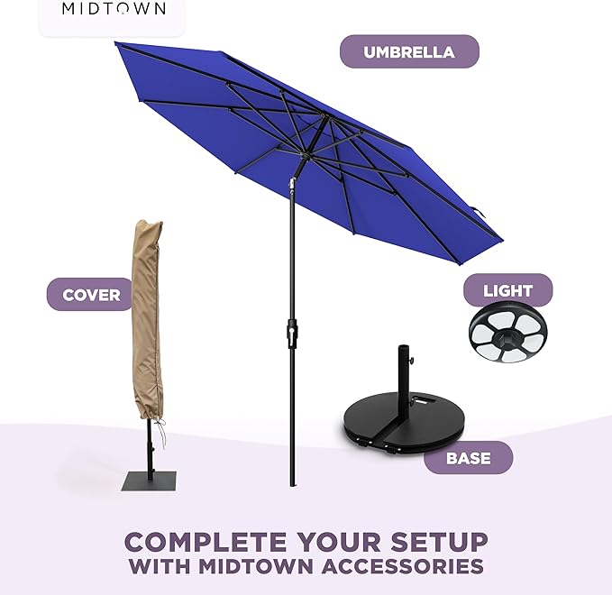 The Swilt 8 Feet Outdoor Umbrella With Terylast Midnight (Royal Blue) Polyester Fabric - Fiberglass Ribs, Auto-Tilt And Swivel Aluminum Frame Patio Umbrella For Deck, Garden, Pool - Black Pole