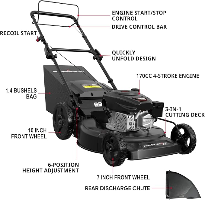 PowerSmart 22 in. 170cc Self Propelled Gas Lawn Mower Rear-Wheel-Drive, 3-in-1 Mulch/Bag/Rear Discharge, Steel Deck, 6 Height Adjustment,