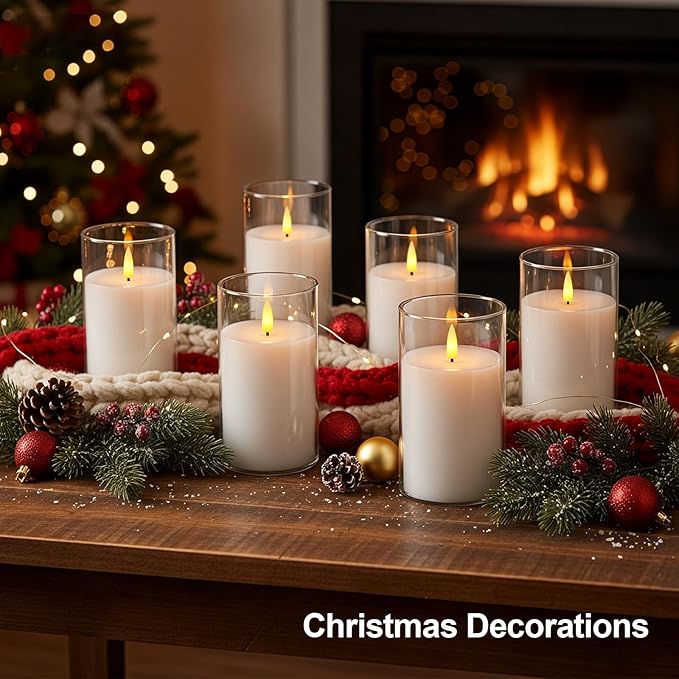 5plots Glass Battery Operated White Flameless Candles with Remote and Timer, 3D Wick Real Wax Pillar Led Candles Warm Flickering Light for Home, Halloween, Christmas Decor, Set of 3, D3 x H6 6" 6"