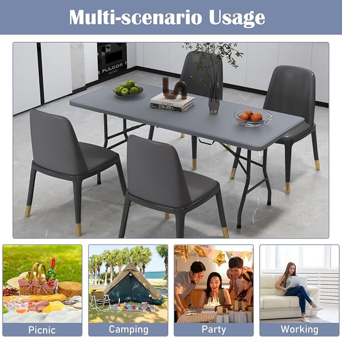 Tangkula 6 FT Folding Table, Indoor Outdoor Foldable Plastic Table with HDPE Tabletop, Sturdy Metal Fame, Carrying Handle, Heavy Duty Portable Fold-in-Half Picnic Table for Camping BBQ Party