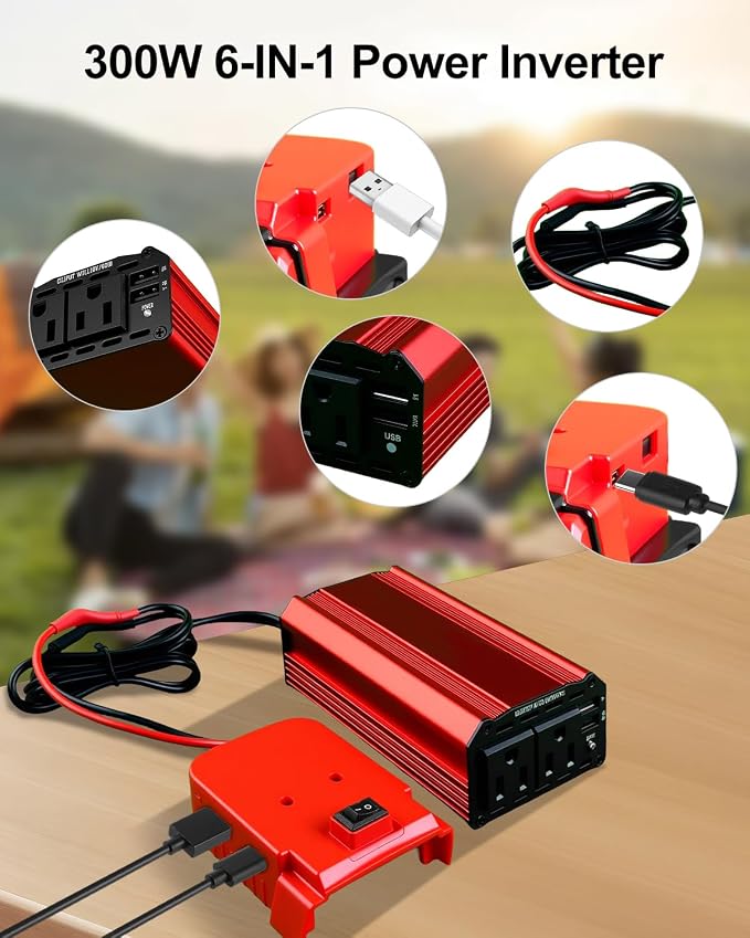 300W Portable Power Inverter Compatible with Milwaukee, DC 18V/20V to AC 110V-120V, Power Converters with 3 USB 1 Type C 2 AC Outlets, Portable Power Station for Vehicles Camping Road Trip