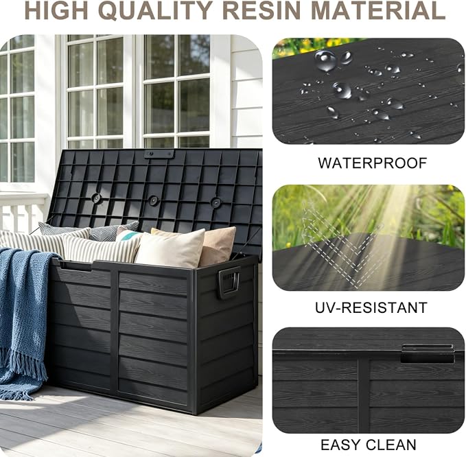 75 Gallon Waterproof Outdoor Deck Box with Wheels, Lockable Resin Patio Storage Container for Cushions, Garden Tools, Pool Accessories and Outdoor Supplies, Black