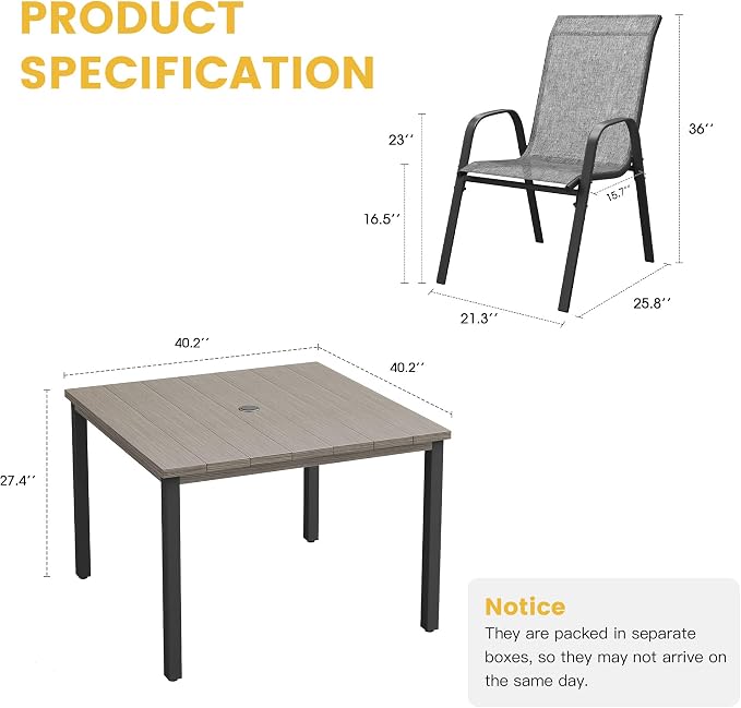 VICLLAX Patio Dining Set for 4, All Weather 5-Piece Patio Set-40.2" Square Outdoor Table and 4 Stackable Chairs for Lawn Garden and Backyard,Grey Wood Grain Tabletop
