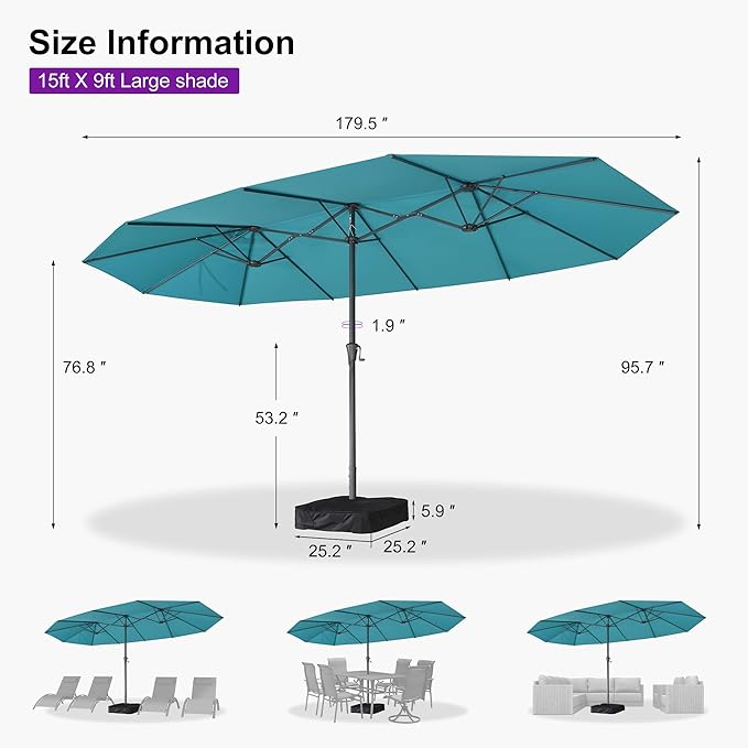PURPLE LEAF 15ft Patio Umbrella with Base Included Double-Sided Rectangle Outdoor Umbrella Market Table Umbrella with Crank for Pool Garden Deck, Turquoise