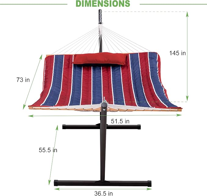 Lazy Daze Hammocks Double Hammock with 12 ft Steel Stand, 2 Person Cotton Rope Hammock with Quilted Pad, Spreader Bars, Detachable Pillow, Mag Bag & Cup Holder, Red&Navy Stripe