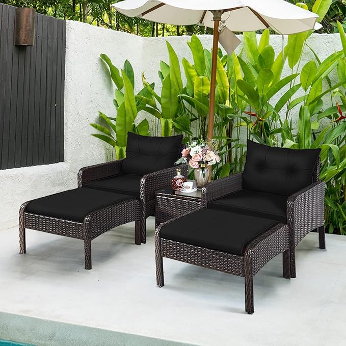 Tangkula 5 Pieces Wicker Patio Furniture Set, PE Rattan Outdoor All Weather Cushioned Sofas and Ottoman Set, 2-Person Outside Conversation Set for Lawn, Poolside, Yard, Balcony, Deck, Black
