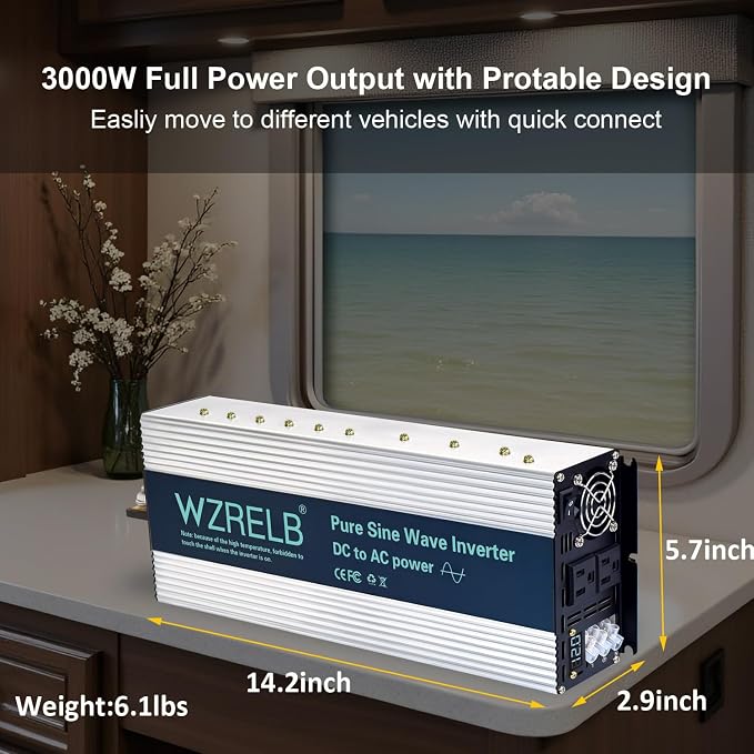 WZRELB 3000W Pure Sine Wave Inverter, Car Power Inverter 60V DC to 110V 120V AC Converter for RV, Truck, Solar, Outdoor with Dual AC Outlets, Hardwire Port, Surge 6000W, LED Display,Off-Grid