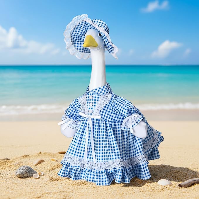 Soulchen 1 Set Summer Blue Plaid Porch Goose Outfit 23 Inch Cement Goose Clothes Dress and Hat Costume Set for Summer Holiday Lawn Garden Yard Decor