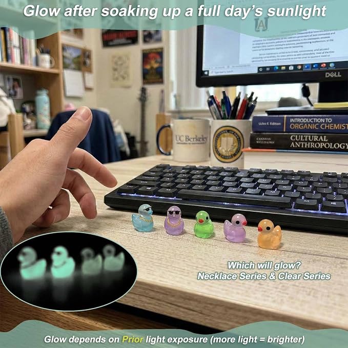 100 Pcs Mini Resin Ducks, Mixed Styles (Glow, Glitter, Hats, Sunglasses, Necklaces), Tiny Animal Figurines to Hide, Small Little Ducks for Fairy Garden, Miniature Landscape & Aquarium