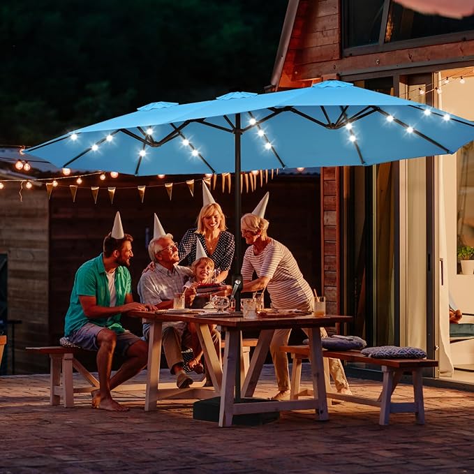 ABCCANOPY 15ft Umbrella Outdoor Patio Solar Lights with Base, Outdoor Double-Sided Rectangle Umbrella for Poolside, Lawn, Backyard (Turquoise)