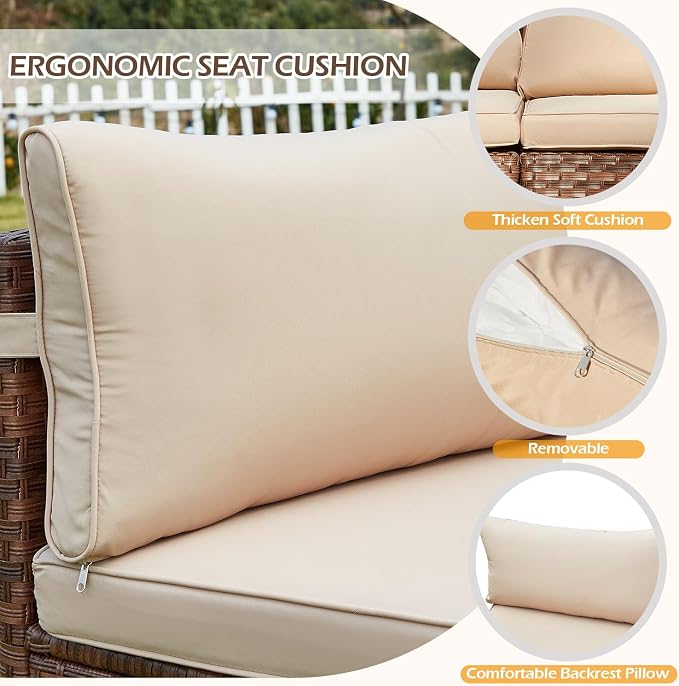 ECOTOUGE 8-Piece Half-Moon Curved Patio Furniture Set with Fire Pit Table, Wicker Rattan Sectional Sofa with Thick Cushions, Outdoor Conversation Set for Backyard Garden No Tank Cover(Beige, Grey)