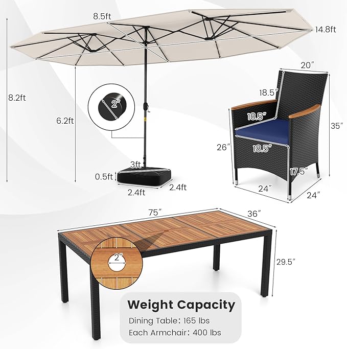Tangkula 11 Pieces Patio Dining Set with Double-Sided Led Patio Umbrella (Base Included), with 8 Stackable Chairs, Acacia Wood Dining Table and Large Umbrella with Solar Lights (Beige + Navy)