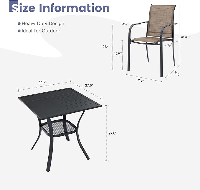 VICLLAX Outdoor Dining Set for 2, Small Patio Table and Chairs Set of Stackable Patio Sling Chairs and Square Dining Table for Front Porch, Brown Fabric and Black Table