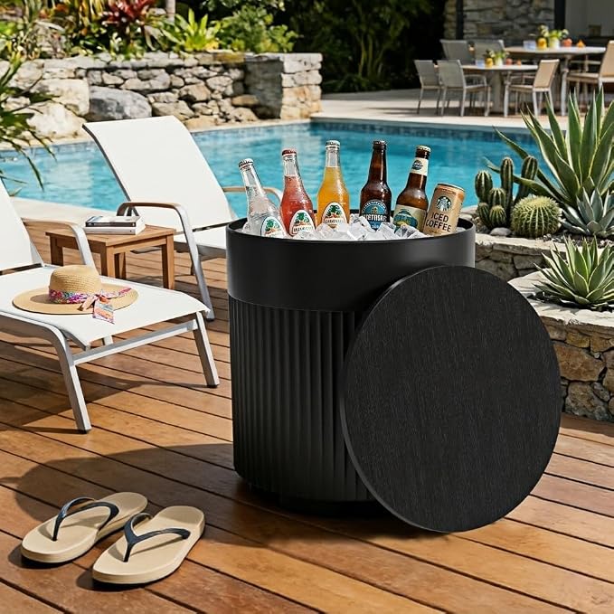 Outdoor Cooler Side Table, 2 in 1 Ice Chest Cooler Table All Weather Resistant, Dense Fluted Cooler Side Table with Hangable Lid for Patio Decor, Deck, BBQ, Beach, Black