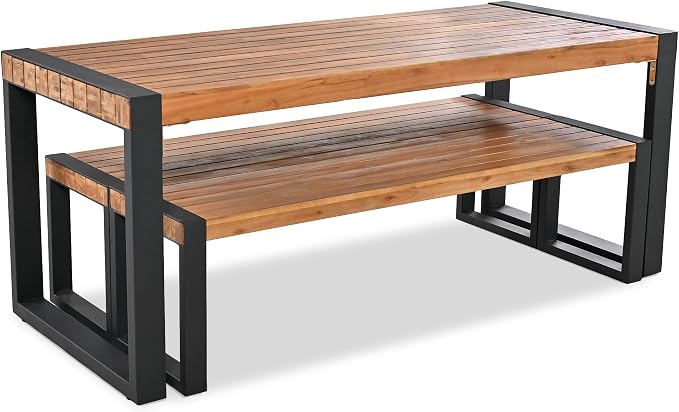 3 piece Outdoor Dining Table with 2 Benches, Space Saving Dining Room Table with Unique Top Texture, Acacia Wood Top & Steel Frame, All Weather Use for Outdoor & Indoor, Acacia Wood Color