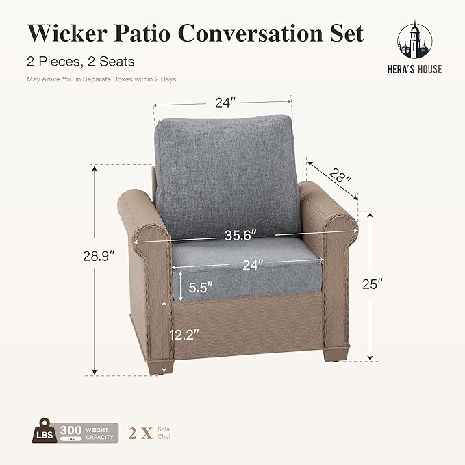 HERA'S HOUSE Patio Furniture Set, 2 Pieces Outdoor Wicker Chairs with Widened 5.9" Armrests and 5.5" Thick Waterproof Cushions, All Weather Conversation Set for Lawn Backyard Garden, Grey