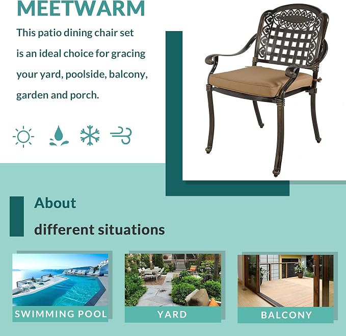 MEETWARM 2 Piece Patio Dining Chairs with Cushions, Outdoor All-Weather Cast Aluminum Chairs, Patio Bistro Dining Chair Set of 2 for Garden Deck Backyard, Dark Bronze