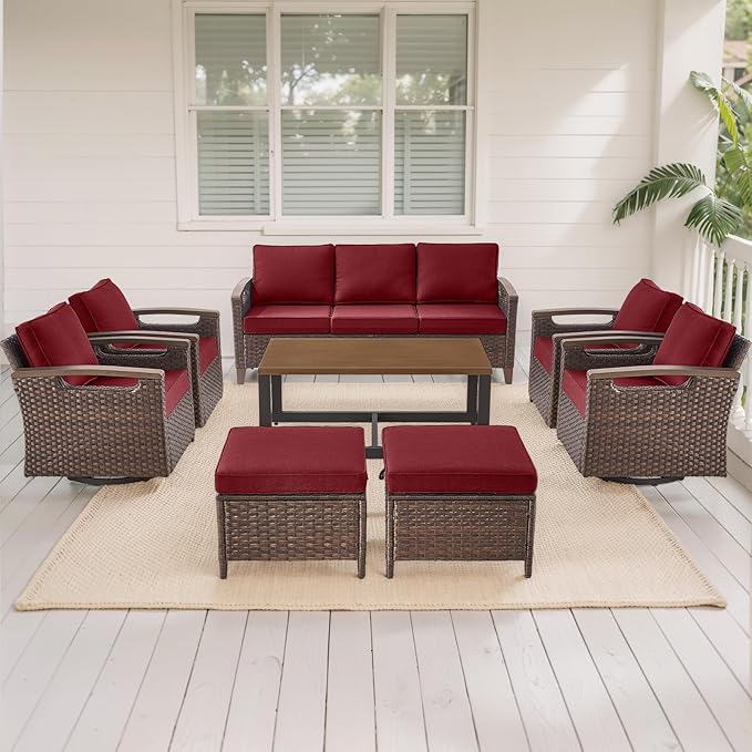 Rilyson Wicker Outdoor Patio Furniture Set - 8 Piece Patio Conversation Sets with Swivel Rocker Chairs, Ottomans, Sofa and Coffee Table, Thick Cushions, Waterproof Wicker, for Porch Deck Brown/Red