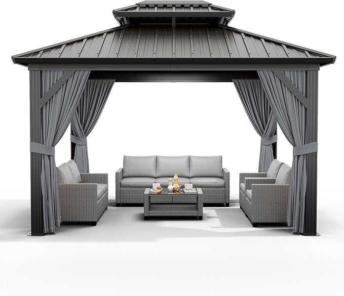 12'x10' Hardtop Gazebo, Heavy Duty Aluminum Permanent Hardtop Gazebo Outdoor Pavilion with Curtains and Netting for Garden
