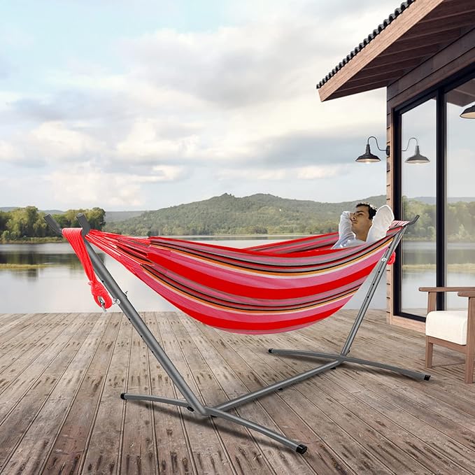 Gold Armour Brazilian Style Hammock with Tree Straps for Hanging, Portable Single Double Hammock for Camping, Outdoor, Indoor, Patio, Backyard (Pink Stripe)
