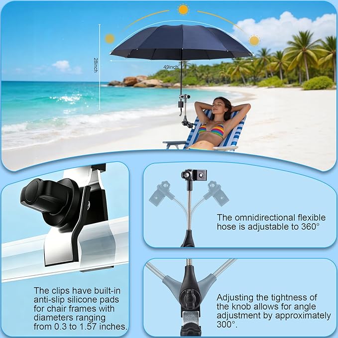 Beach Umbrella 360 ° Adjustable Clip On Beach Chair Umbrella UPF 50+ UV Protection Outdoor Sun Shade Beach Umbrellas Lightweight Portable Camping Chair Umbrellas with Clamp for Patio Chairs Golf Cart