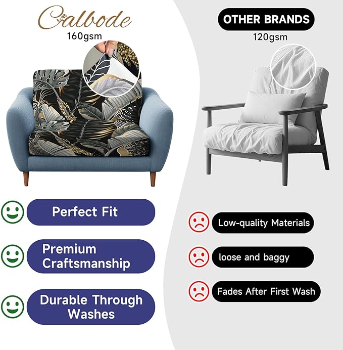 CALBODE 8 Pcs Stretch Outdoor Seat Cushion Covers, Botanical Chair Seat Cover for Patio Furniture Cushions Washable Reusable Indoor and Outdoor Couch Cover Replacement (Black&Gold Leaves, Cover Only)