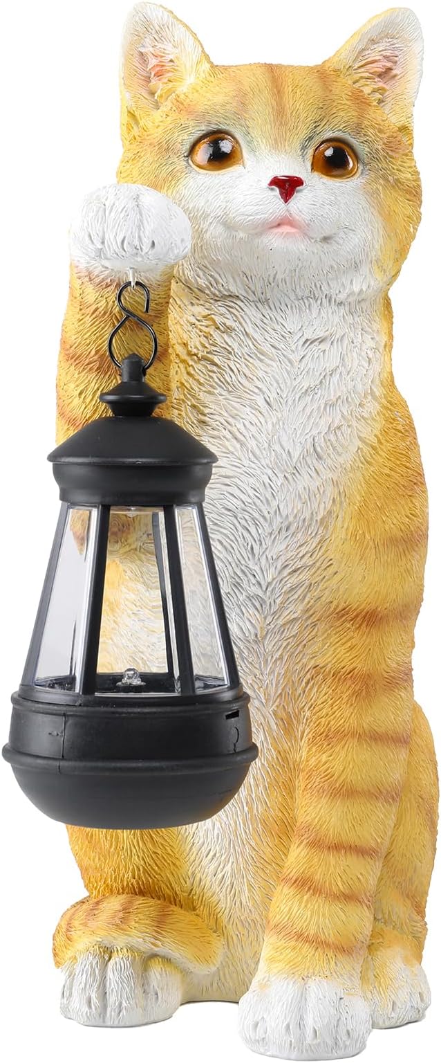 WONDER GARDEN Solar Cat Garden Statue - Outdoor Cat Statues, Orange Cat Figurines with Solar Lantern Light for Patio, Yard, Lawn, Gardening Gifts for Women and Mom(11" Orange Cat)