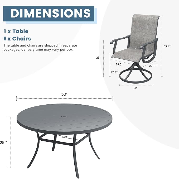 DIFY Outdoor Dining Set for 6, 7 Piece Patio Table and Chairs Set, Swivel Patio Dining Chairs with Textilene Fabric & 50" Round Metal Dining Table with Umbrella Hole, for Garden Backyard Deck, Grey