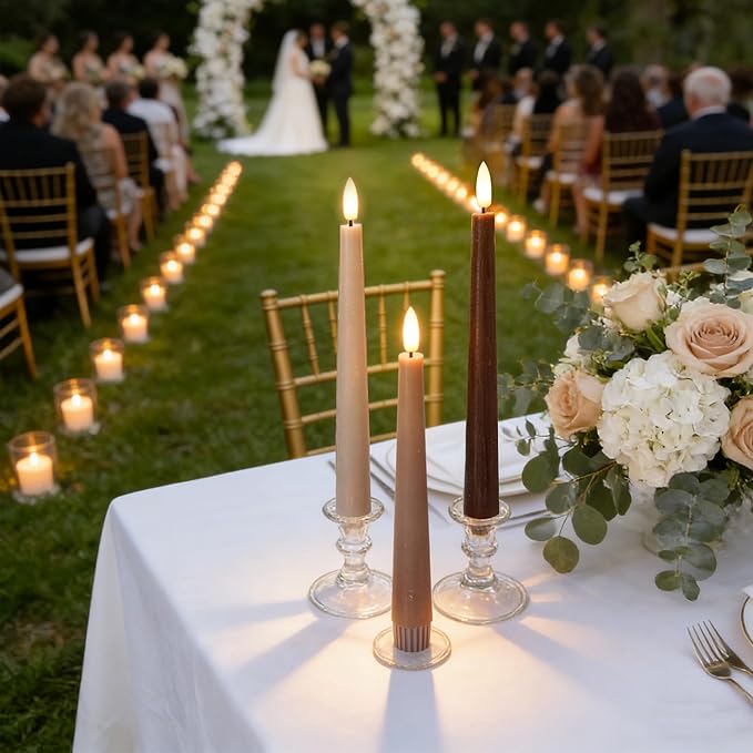 Brown Flameless Taper Candles with Remote, 9.6 Inches Real Wax Battery Operated Candles, 3 Pack Flickering LED Candlesticks, Tall Taper Fake Candles for Home, Wedding, Party