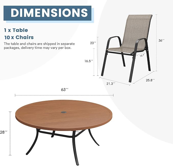 DIFY 11 Piece Outdoor Dining Set, 63" Walnut Round Metal Patio Table and Brown Textilene Stackable Chairs for 10, All Weather Patio Furniture Set with Umbrella Hole for Backyard Garden Deck