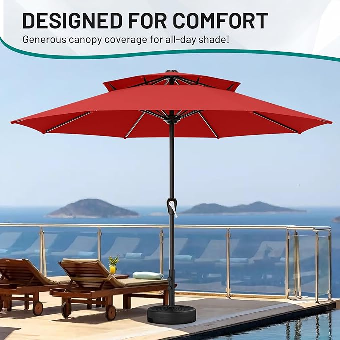 AreShark 12ft 2 Tiers Patio Umbrella - Outdoor Umbrella Waterproof UV Protection, Market Table Umbrella w/ 8 Sturdy Ribs&Crank for Pool, Porch, Garden(Red)
