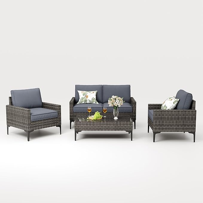 4-Piece Patio Furniture Set,Outdoor Wicker Patio Conversation Set with Tempered Glass Table,All-Weather Rattan Sectional Loveseat&Chairs with Thick Cushions for Garden,Deck,Backyard-Grey