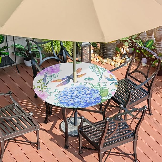 Fitted Round Tablecloth with Umbrella Hole and Zipper Flowers Hydrangeas Outdoor Elastic Table Cloth 45"-56" Oil-Proof Waterproof Dragonflies Patio Table Cover for Picnic Party