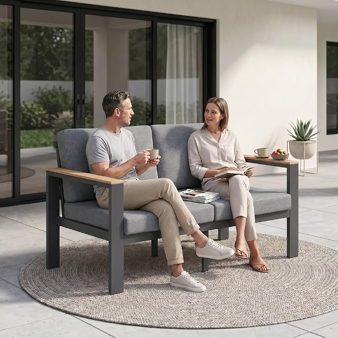 Aluminum Outdoor Patio Furniture Loveseat, All-Weather 2-Seat Patio Sofa with Rust-Resistant Frame and Water-Resistant Easy-Clean Cushions for Porch, Deck, Backyard, Gray