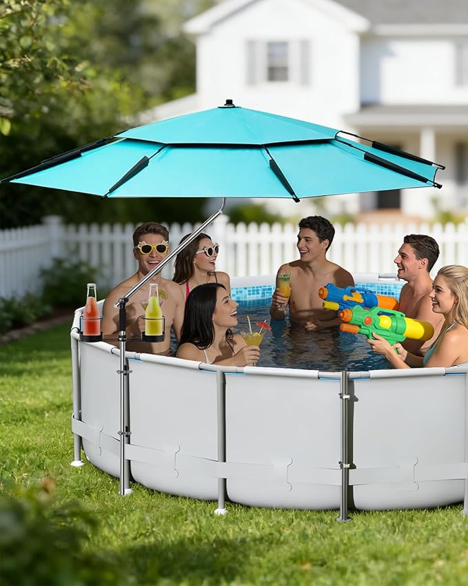 Above Ground Pool Shade Umbrellas - Outdoor Sunshade Canopy with 2 Pack Cup Holders Fits Most Oval Rectangular Swimming Pools - Patio Umbrella for Garden, Beach, Backyard, Poolside Accessories